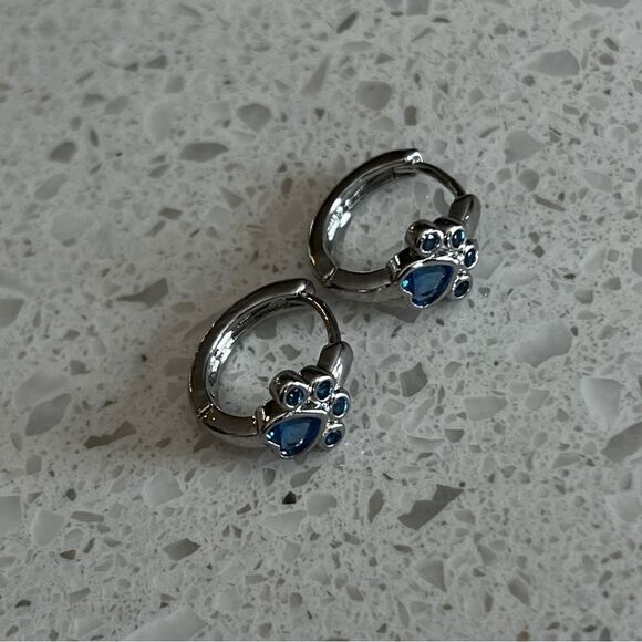 Cute Pet Paw Print Design Silver and Blue Tone & Zirconia Ear Stud Earrings - Picture 5 of 10